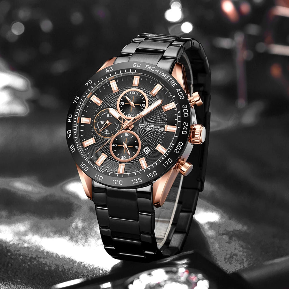 Men Watch Fashion Sports Chronograph Wristwatches Stainless Steel Strap with Auto Date