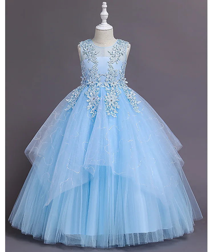 Summer Flower Girls Party Lace Dress Kids Long Princess Dress Mesh Children's Day Clothing Gowns for Girls for Wedding