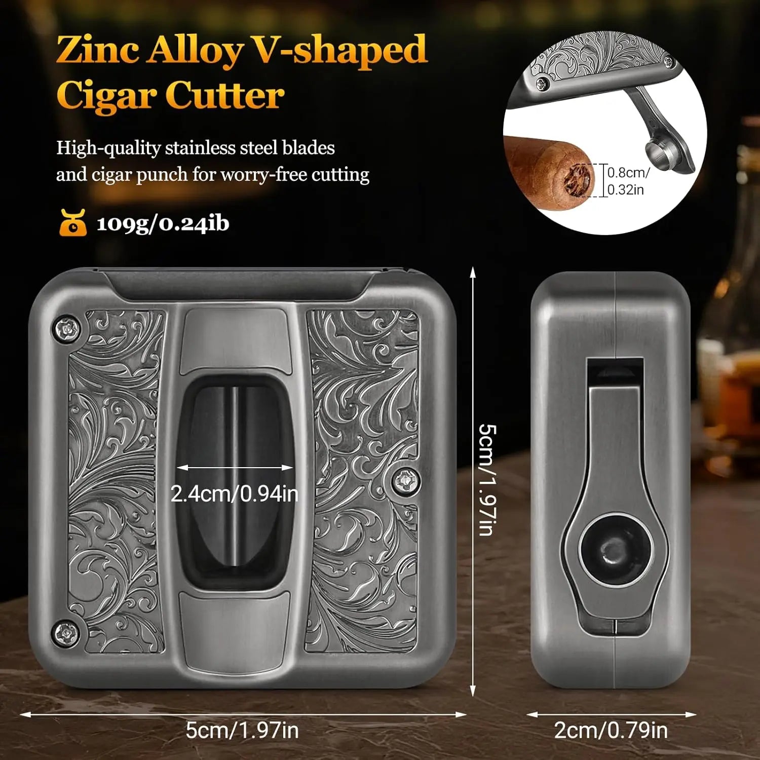 Cigar Cutter,4 in 1 Multifunction V Cut Cutter with Cigar Punch,Cigar Holder & Twin Nubber,Suitable for Max 60 Ring Gauge Cigars