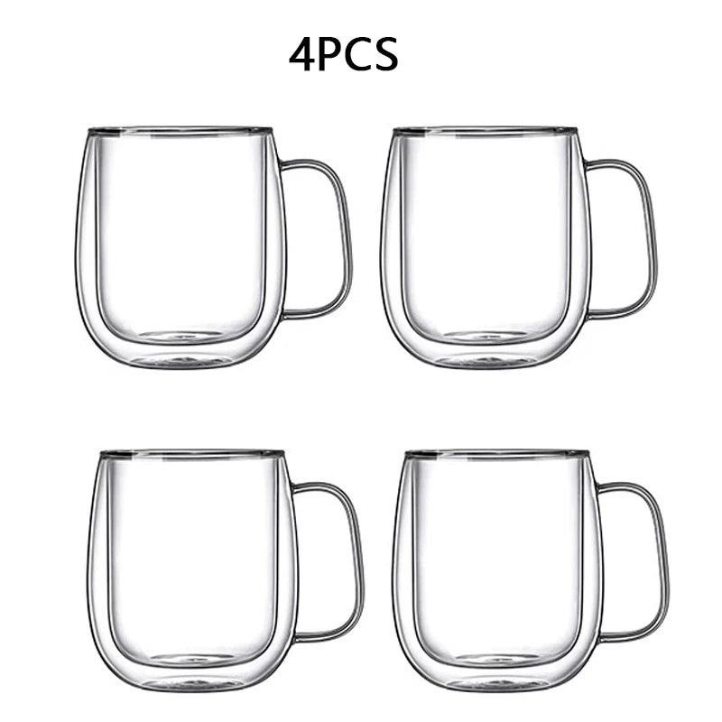 250/400ml Clear Double Wall Glass Cup Home Coffee Milk Mug With Handle Hot Cold Beverage Juice Drinkware Cup Set Of 1/2/4pcs