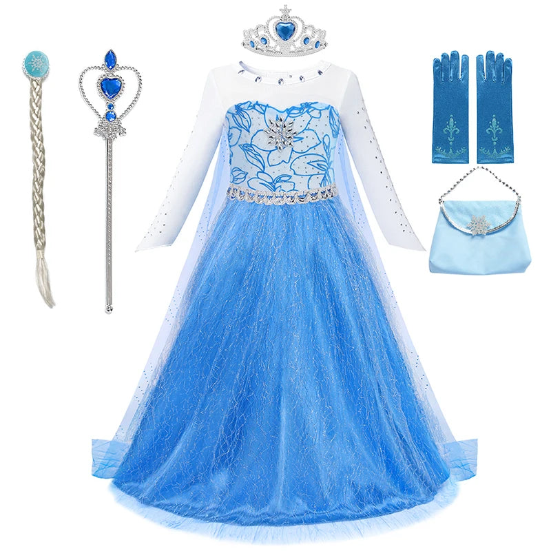 2-10Y Elsa Dress for Girl Disney Elsa Costume Snow Queen Dress for Cosplay Birthday Christmas Party Children Kids Frozen Costume