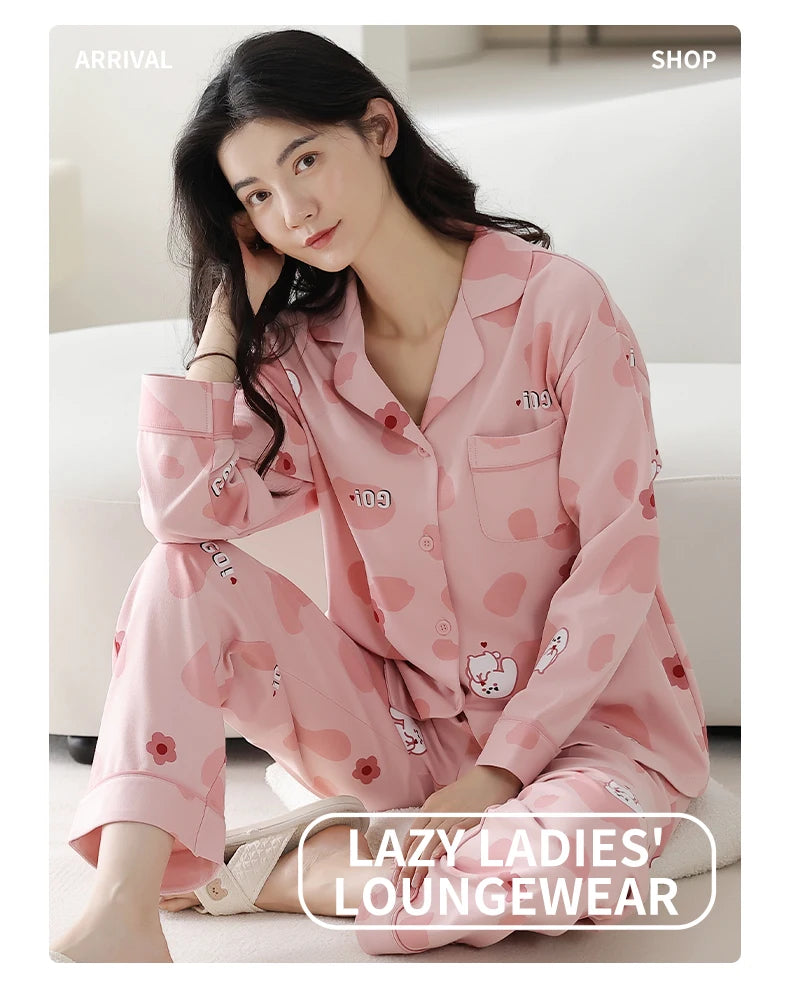 Women’s Winter 100% Cotton Pajama Set – Loose Fit, Turn-Down Collar, Long Sleeves, Cute Pink