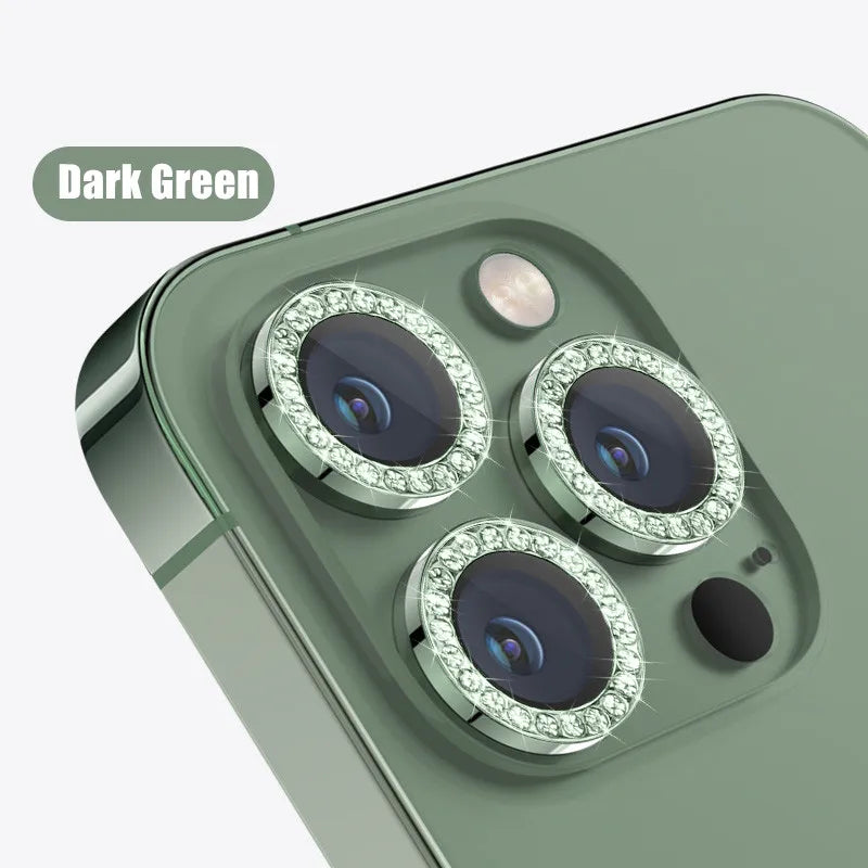Glitter Diamond Rhinestones Metal Ring Camera Tempered Glass For iPhone 15 11 12 13 14 Pro Max Plus Lens Protector Full Cover