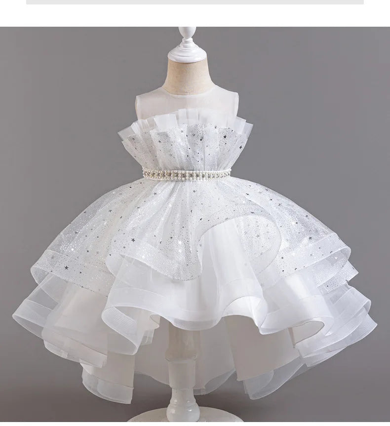 Elegant Girls' Performance Gown - Sleeveless Tulle Dress with Train for Piano Recital & Walk Show