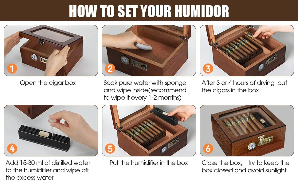 Cigar Humidor Cedar Wood Humidor Cigar Box Glass Top Desktop Humidor with Front Hygrometer Humidifier Divider Accessories Drawer