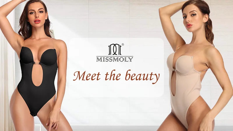 Women U Plunge Backless Bodysuit Shapewear – Deep V-Neck Tummy Control Body Shaper