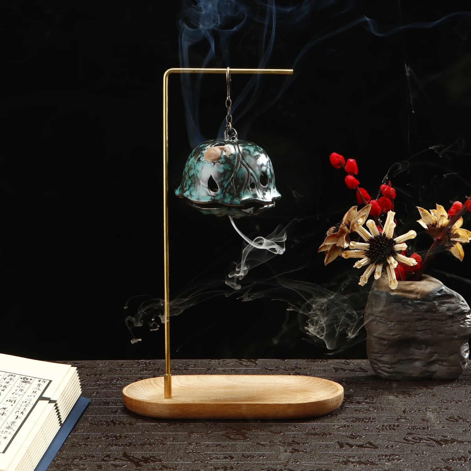 Creative Ceramic Lotus Incense Burner Set Smoke Backflow Lotus Seed Head Incense Holder with Wooden Incense Tray Home Decor