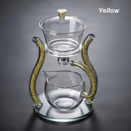 Glass Automatic Lazy Tea Set  Crystal Glass Teapot Set Heater Magnetic Rotating Cover Kung Fu Heat-Resistant Teapot 6 Cups