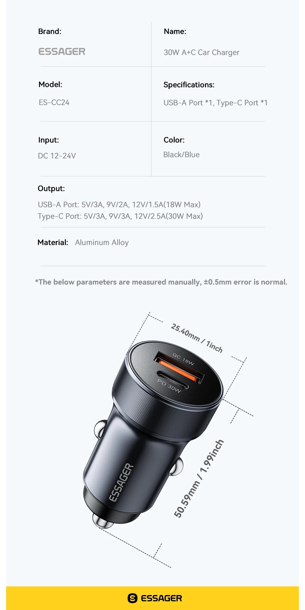 30W Mini USB C Car Charger PD 3.0 QC 3.0 Fast Charging Dual Port Compact Adapter