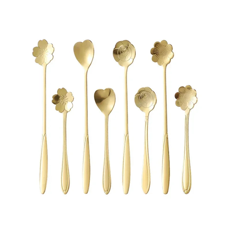 4pcs Long Flower Spoon Stainless Steel Dessert Spoons Gold Long Handle Teaspoon Mixing Scoop for Coffee Cake Kitchen Accessories