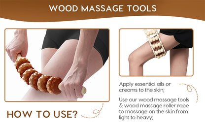 2 PCS Wood Therapy Massage Tools, Portable Manual Wooden Massage Wood Back Massage Roller Rope, Wood Massager Handheld Roller