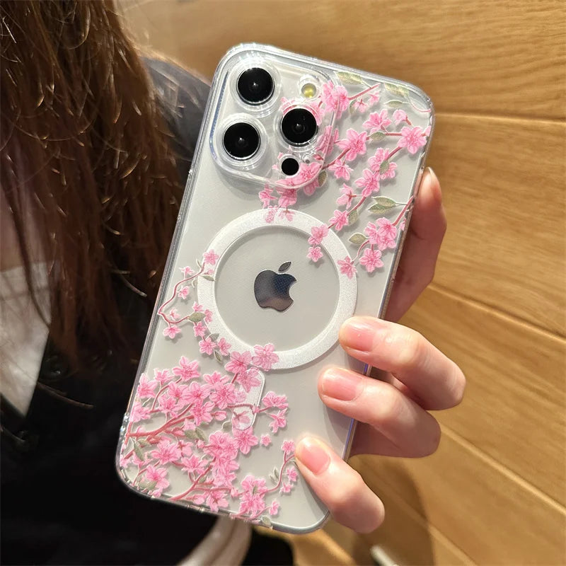 Floral Flower Transparent Magsafe  Phone Case iPhone 16 15 14 Pro Max 14 15 16 Plus Clear Wireless Charge Cover