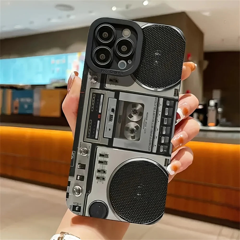 Creative Retro Millennial Loud Speaker Phone Case For iPhone 15 13 14 Pro Max Plus Music Rock N Roll Soft Cover
