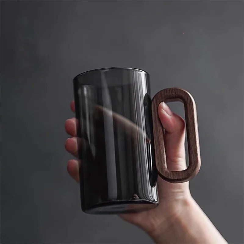 350ml High Borosilicate Glass Coffee Cup with Walnut Wooden Handle Heat-Resistant Glass Home Tea Milk Coffee Mug Breakfast Cups
