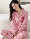 Women’s Winter 100% Cotton Pajama Set – Loose Fit, Turn-Down Collar, Long Sleeves, Cute Pink
