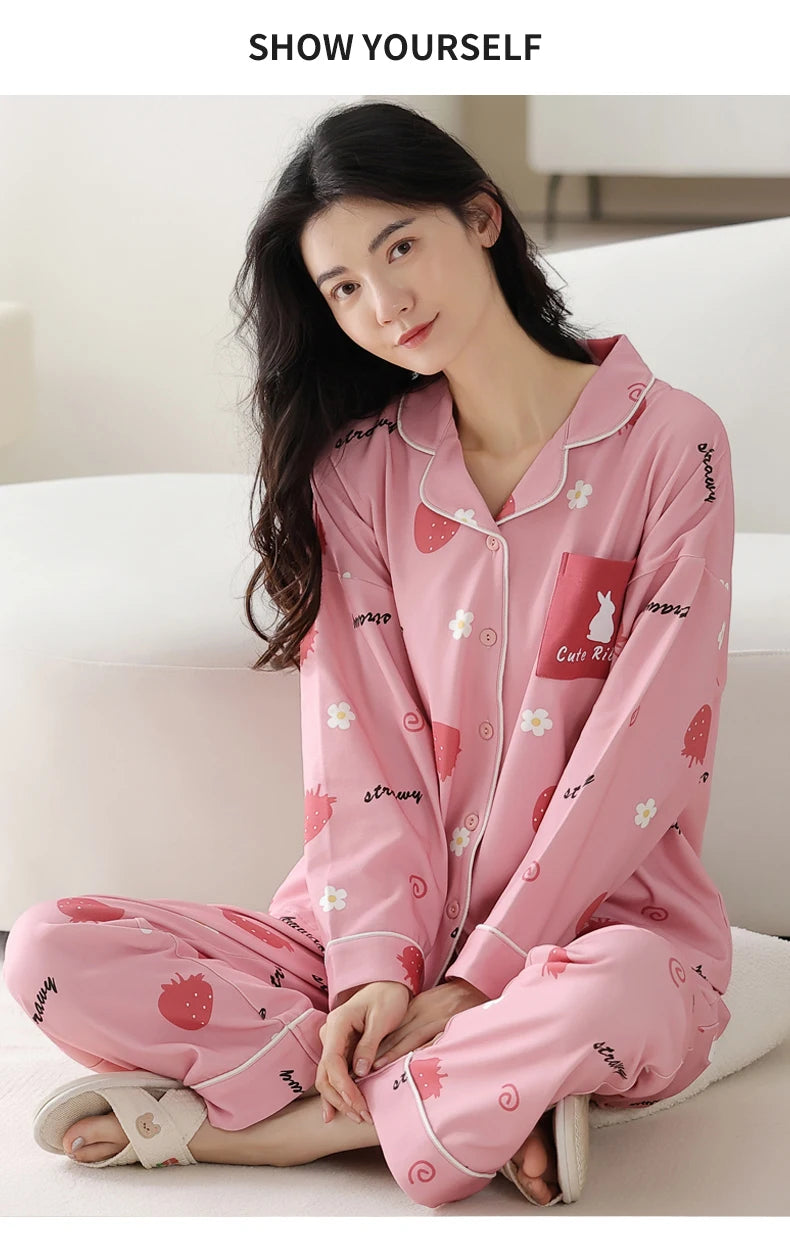 Women’s Winter 100% Cotton Pajama Set – Loose Fit, Turn-Down Collar, Long Sleeves, Cute Pink