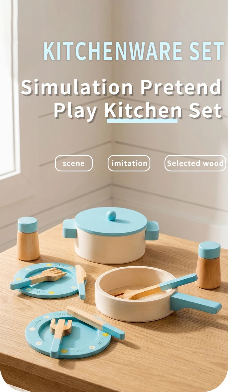 Wooden Pretend Play Kitchen Set with Pots Pans and Utensils