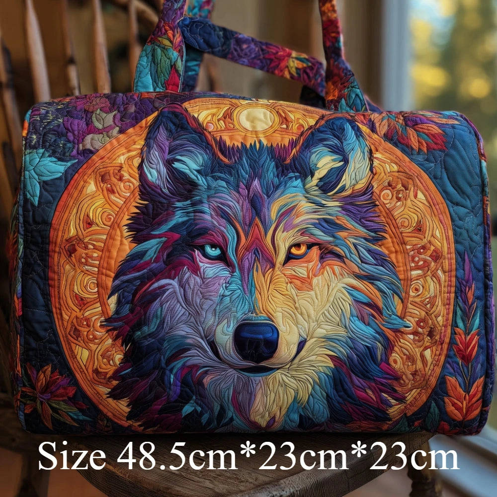 Quilted Wolf Feather Travel Duffel Bag 3D Printed Tribal Spirit Animal Lightweight Carry-On Weekender Bag for Adventure Gym