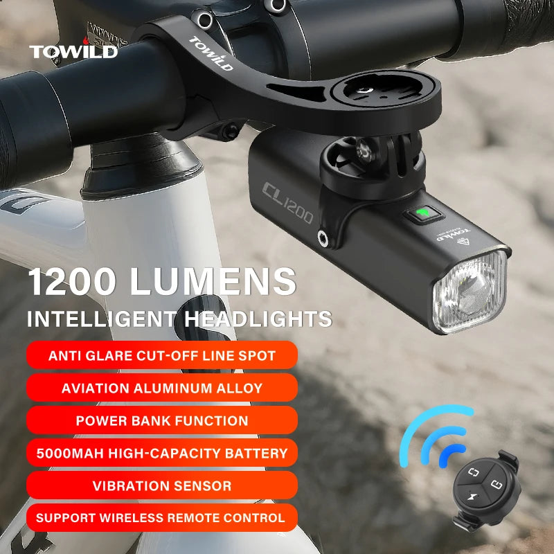 CL1200 Smart Bike light Remote Control Bicycle Lights 5000mAh battery Type-C Rechargeable Road MTB IPX6 Bicycle headlight