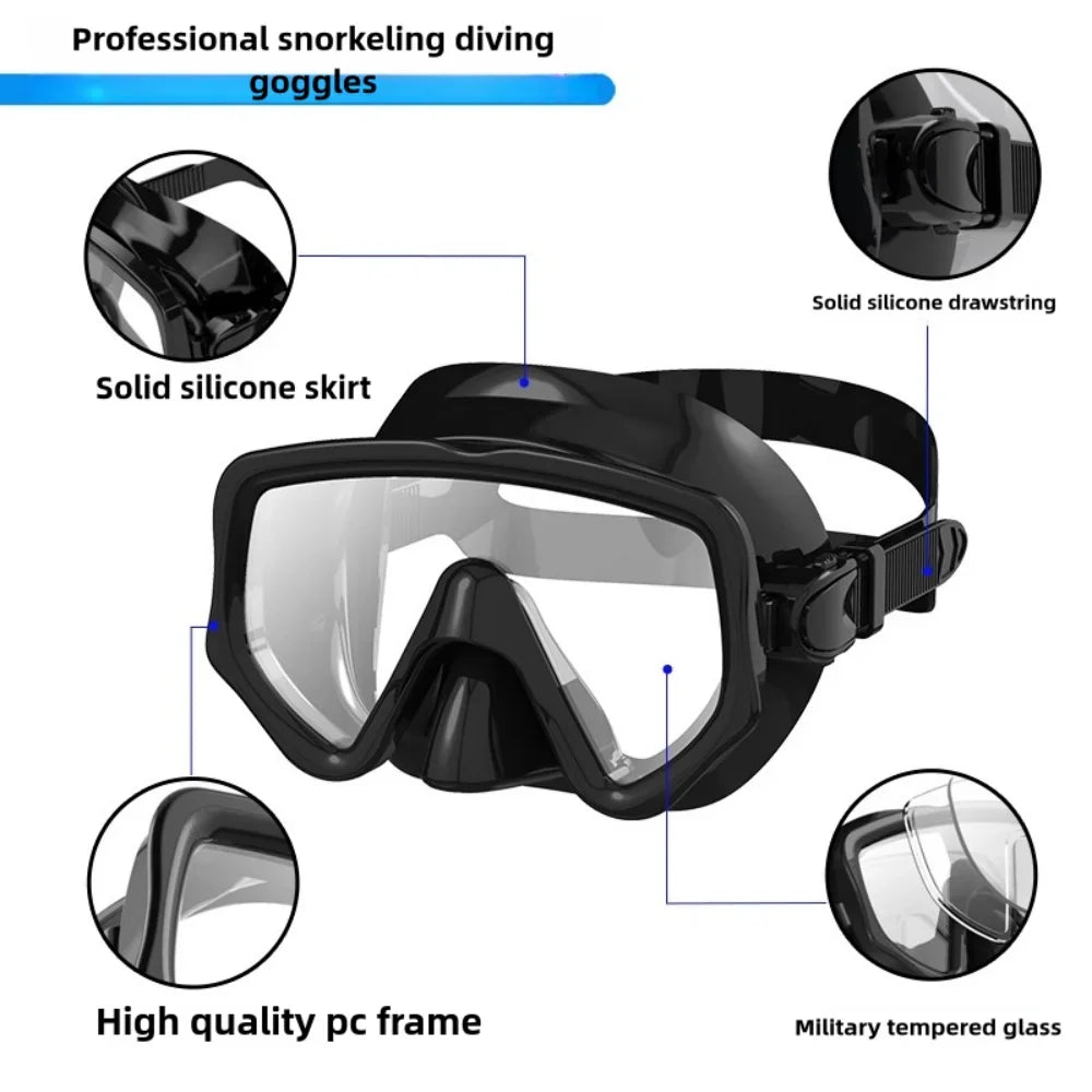 Dry Snorkel Set Diving Mask For Adults Tempered Glass Professional Panoramic Snorkeling Gear Swimming Training Snorkel Kit