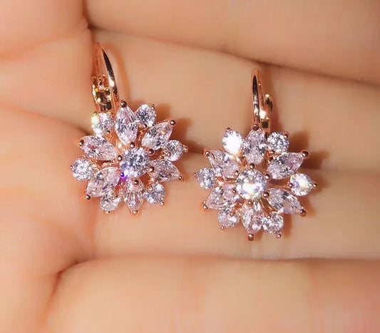 Rose Gold Color Hoop Earrings Flower Cluster Clear CZ Crystal Zirconia Earring