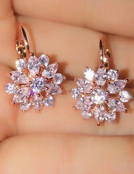 Rose Gold Color Hoop Earrings Flower Cluster Clear CZ Crystal Zirconia Earring