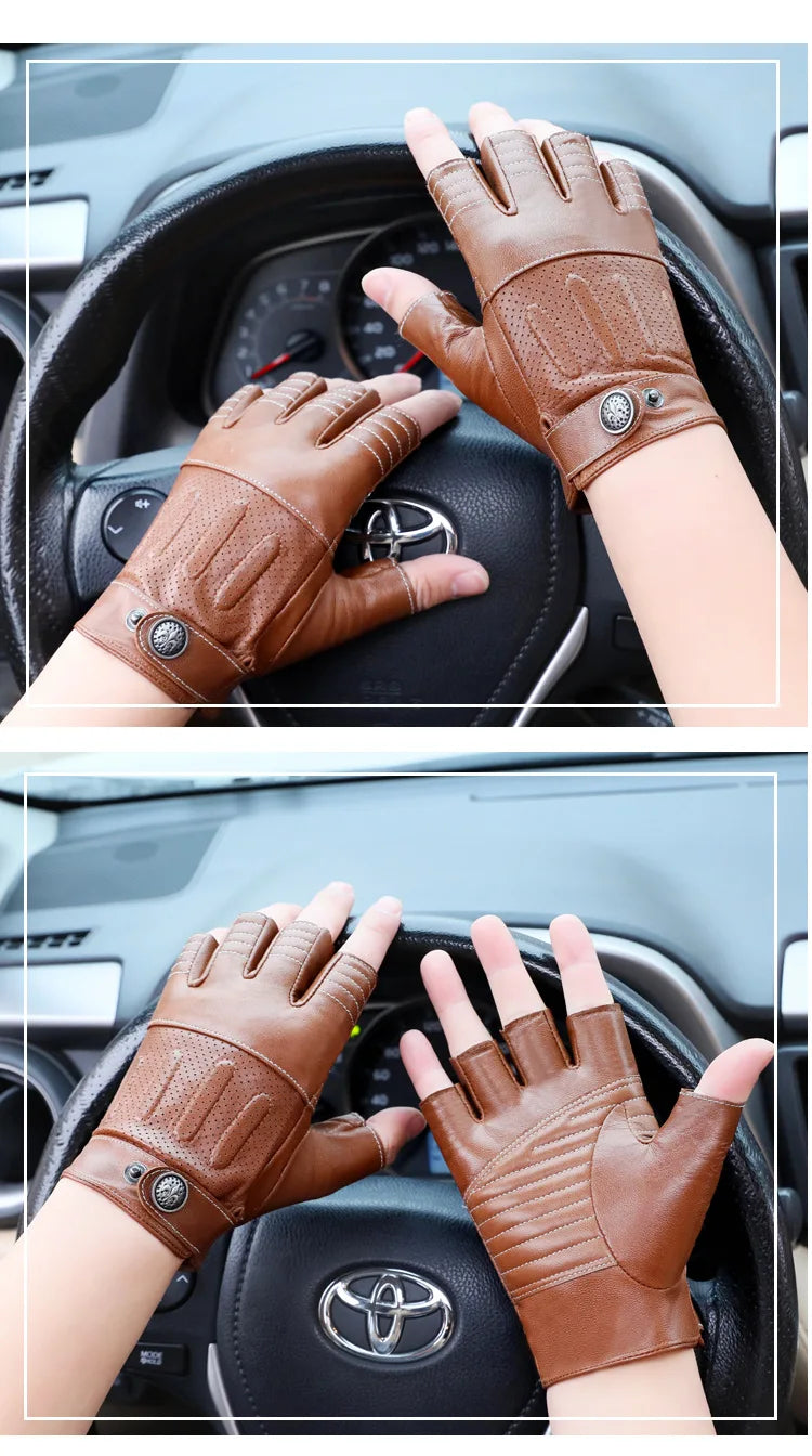 Sheepskin Half Finger Gloves For Fitness Driving High Quality Genuine Leather Gloves Fingerless Brown Driver Sports