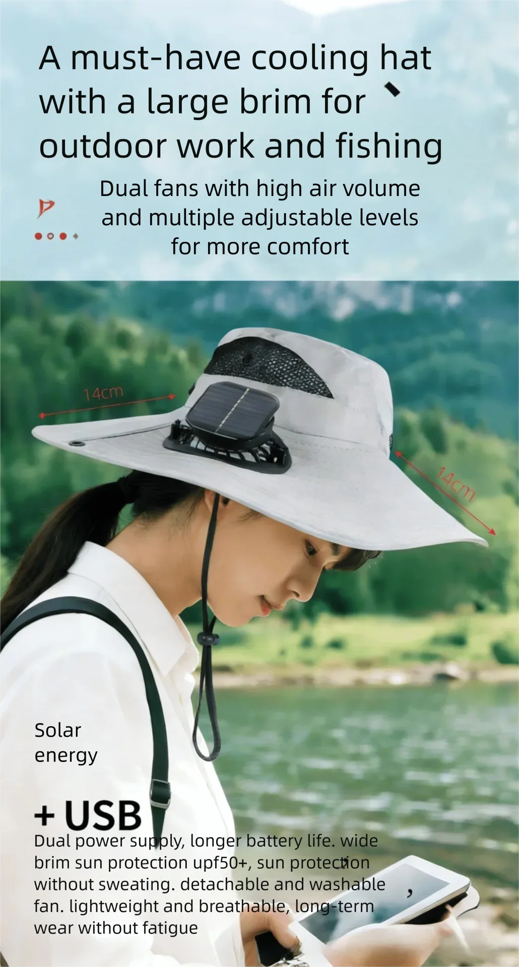Wide Brim Solar Fan Hat With Dual Fans And USB Charging