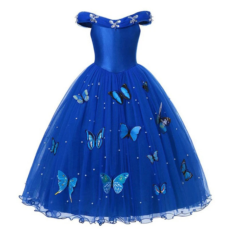 Princess Dress Cinderella Halloween Vestidos Party Cosplay Girls Pearl Butterfly Costume Kids Ball Gown