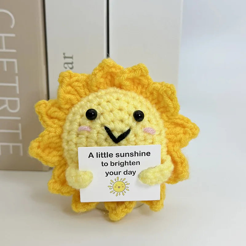 3 Pcs Funny Positive Crochet Sunshine Doll Desktop Ornament Handmade Cheer Emotional Support Positive Sun with Card Home Party Decor