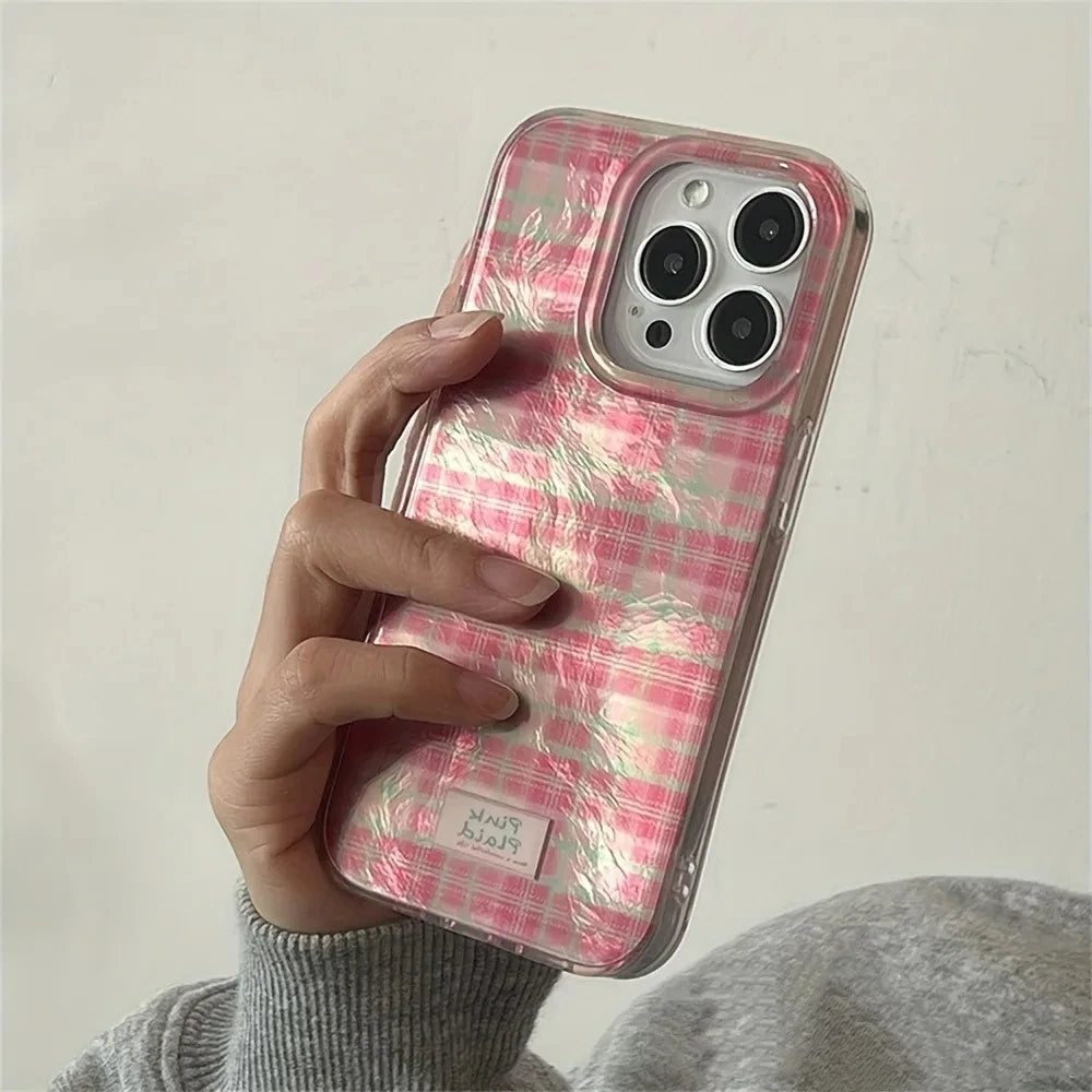 Dopamine Color Block Match Plaid Phone Case For iPhone 17 16 15 14 16E Grid Label Matte Cover