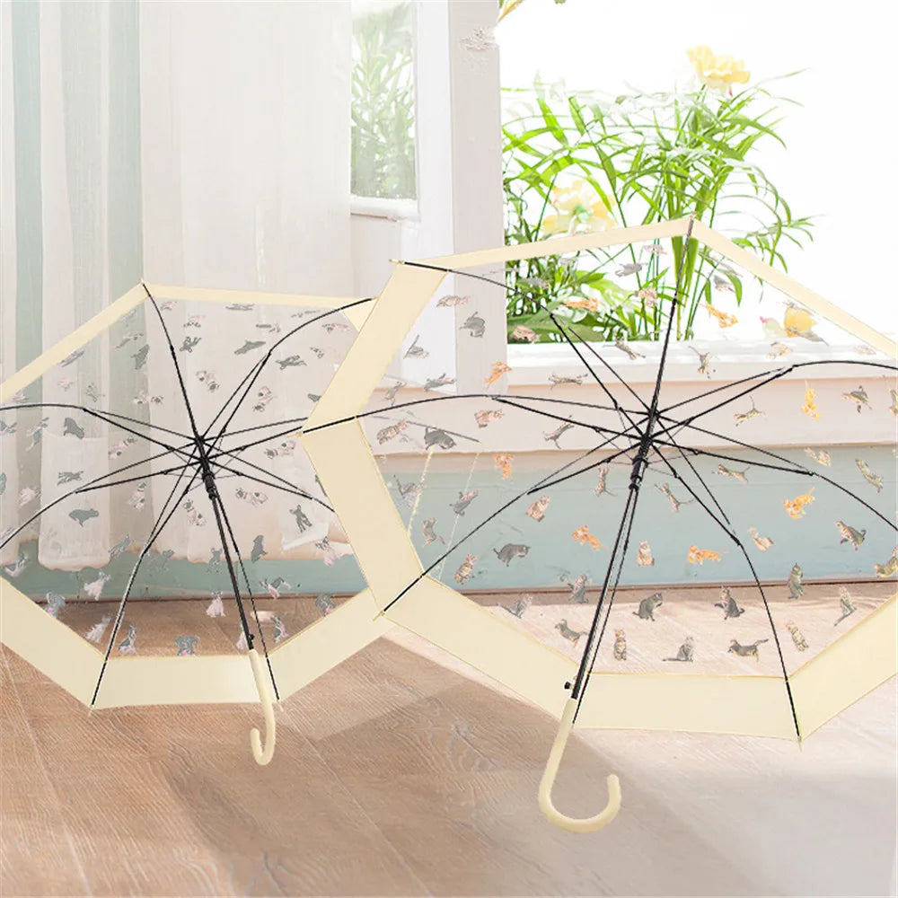 Cute Long Umbrella for Women Windproof Korean Style Transparent Umbrella for Rain Travel Fashion Cat Umbrellas