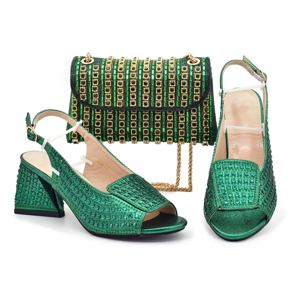 Nigerian Women's Purple Color Mid Heels Frosted Crystal Shiny Rhinestone Party Itaian Design Peep Toe Shoes and Bag Set