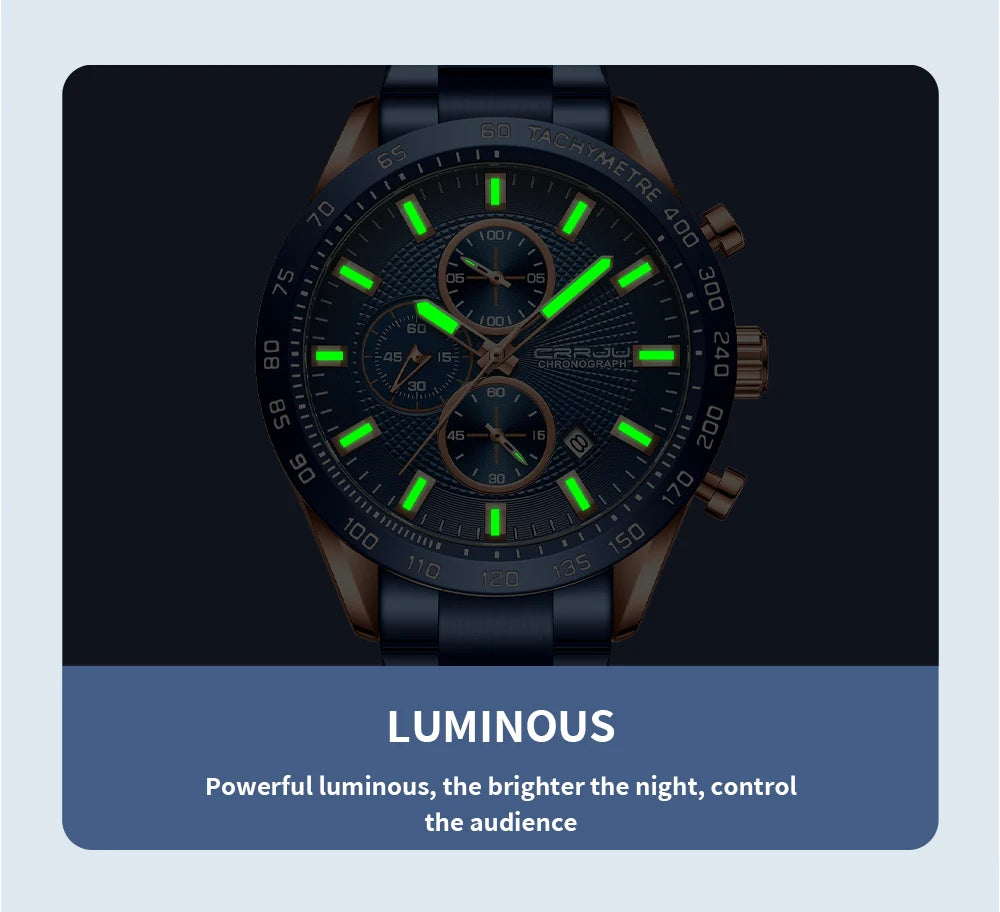 Men Watch Fashion Sports Chronograph Wristwatches Stainless Steel Strap with Auto Date