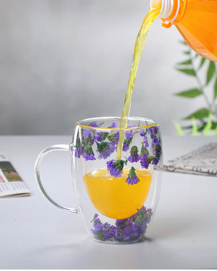 Double Wall Glass Coffee Mugs Double Insulated Glass Cup 350ml Flower Design