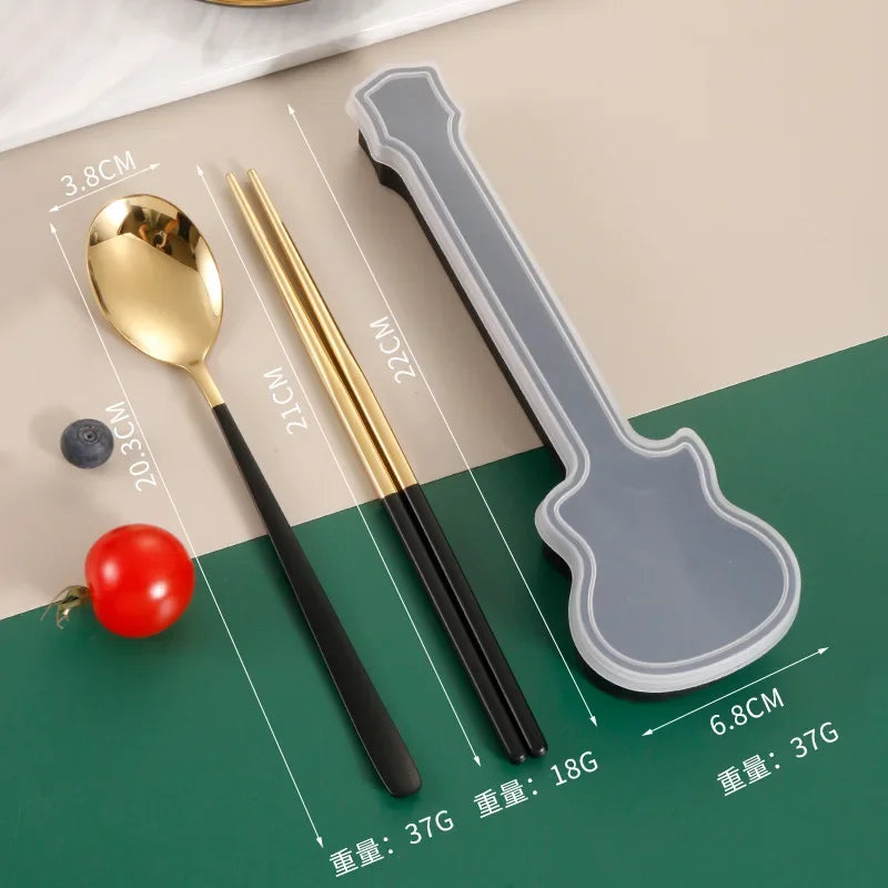 2/3Pcs Cutlery Set Fork Spoon Chopsticks Dinnerware Set 304 Stainless Steel Portable Travel Flatware Guitar Box