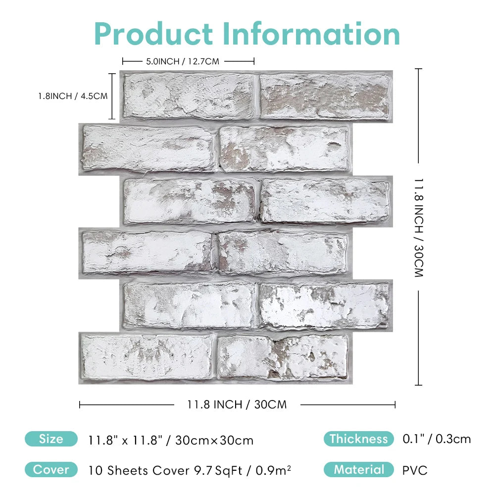 10pcs 3D Tile Stickers, 3D Whitewash Brick Textures, Matte, 30cm x 30cm, Water and Mold Resistant, for Living Room Kitchen Wall Update