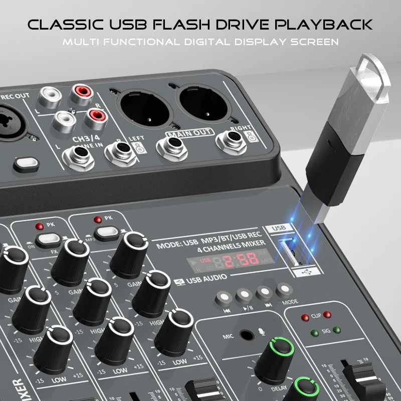 4 Channel Audio Mixer With Bluetooth USB And 48V Phantom Power