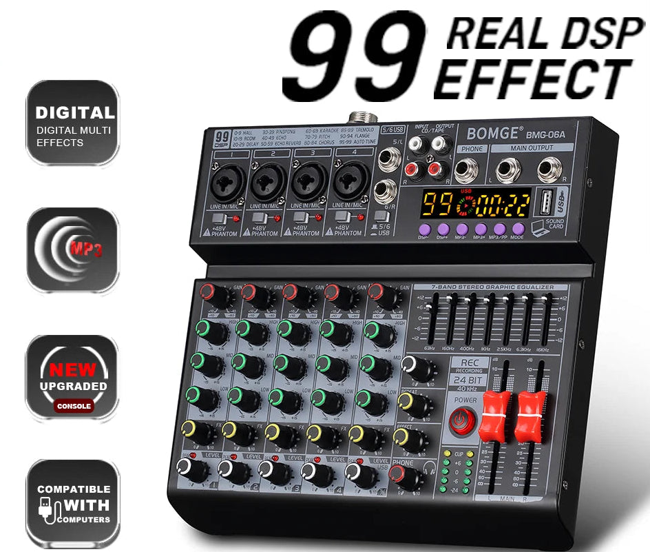 6 Channel Audio Mixing Console with 99 Effects 7 Band EQ USB Recording and Bluetooth