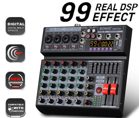 6 Channel Audio Mixing Console with 99 Effects 7 Band EQ USB Recording and Bluetooth