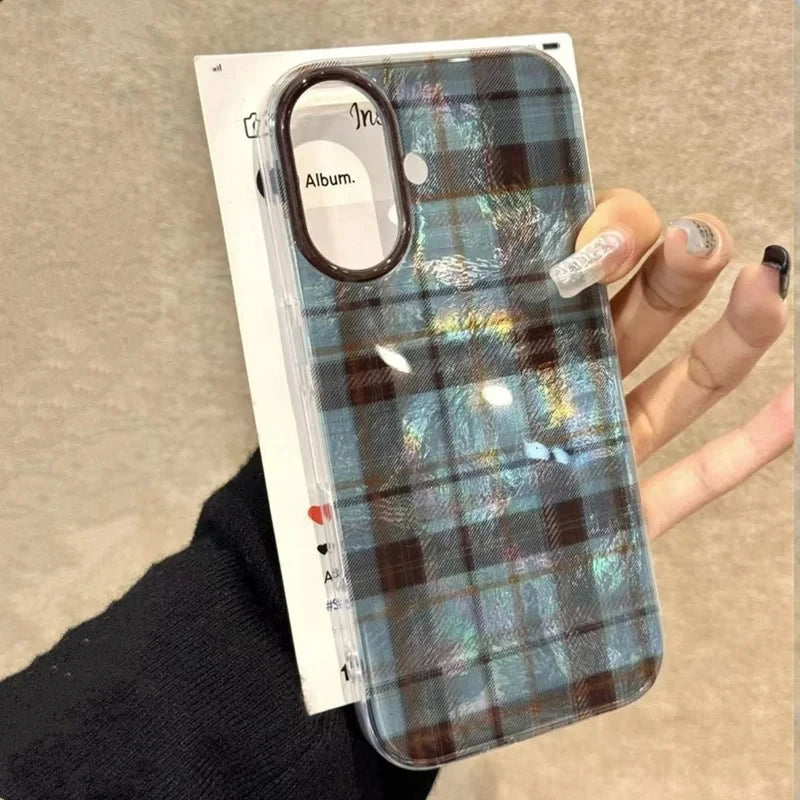 Dopamine Color Block Match Plaid Phone Case For iPhone 17 16 15 14 16E Grid Label Matte Cover