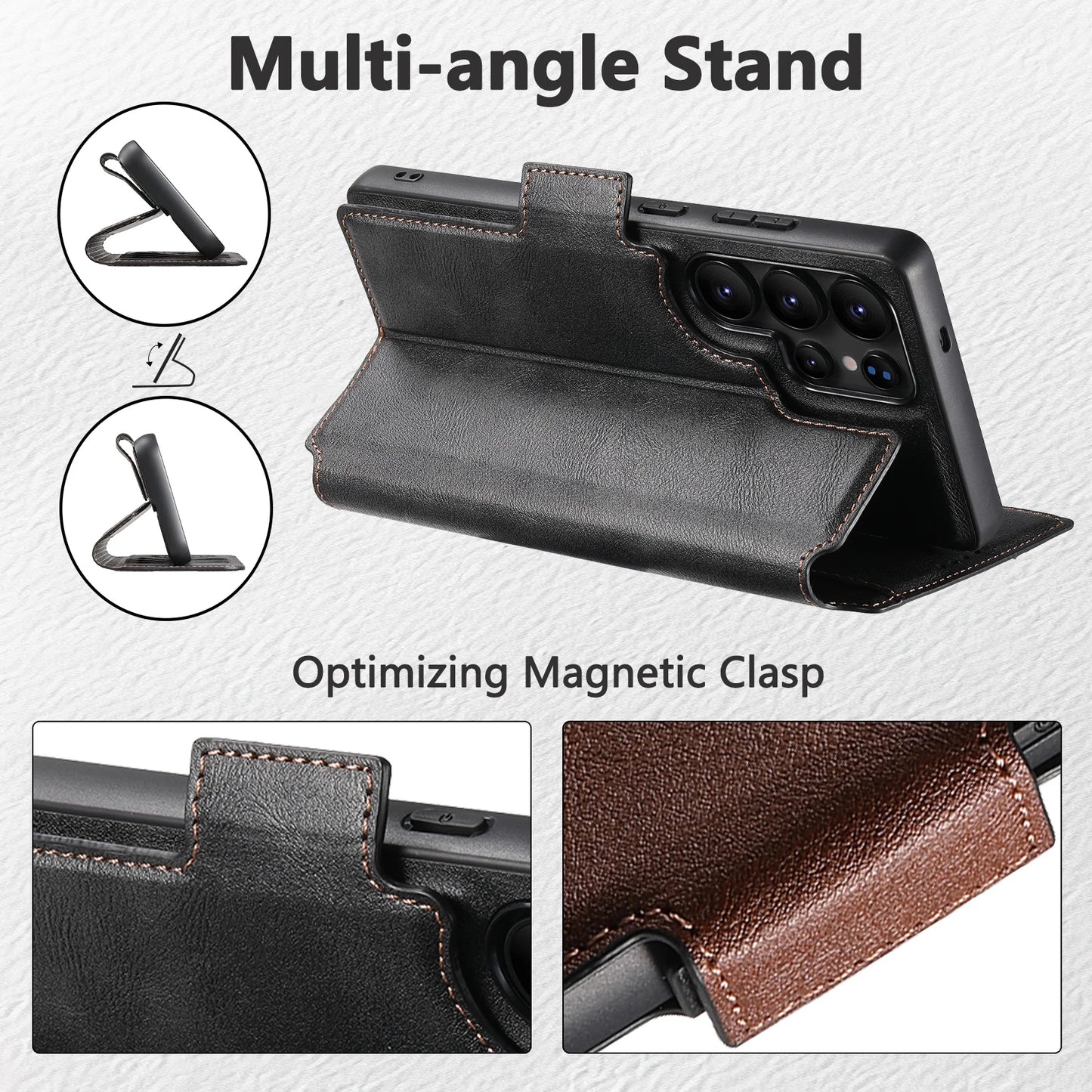 Magnetic Flip Wallet Case with Card Holder & Stand for Samsung Galaxy S26 Ultra / S25 / S24 / S23 – Faux Leather Wireless Charging Cover