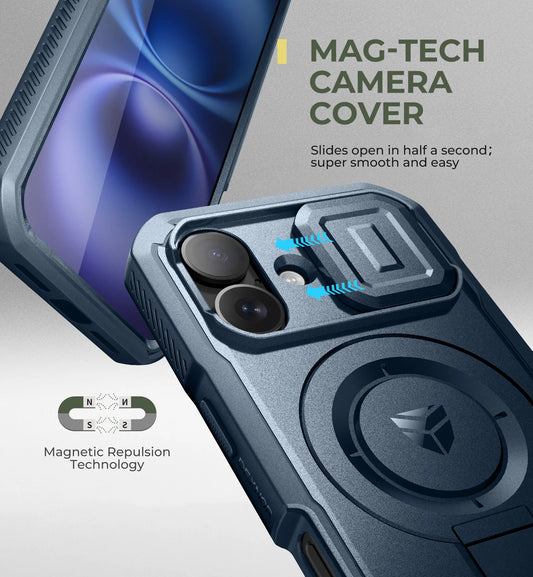 For iPhone 16 Case Kickstand Compatible with MagSafe Shockproof Bumper Cases with Slide Camera Cover Built-in Screen Protector