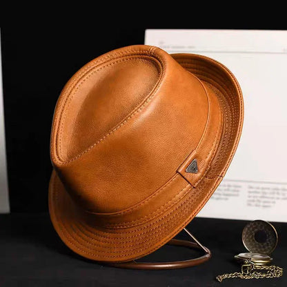 Man High Quality Genuine Leather Cowhide Formal hat Gentleman Cow Skin Short Brim Black/Brown Top Hat Male Shows Gentleman