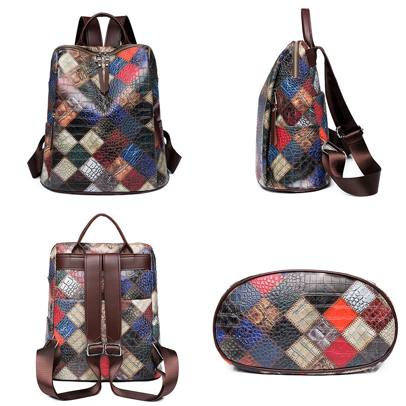 Patchwork Leather Backpacks Large Capacity Travel School Bag Retro Shoulder Bag Bagpack