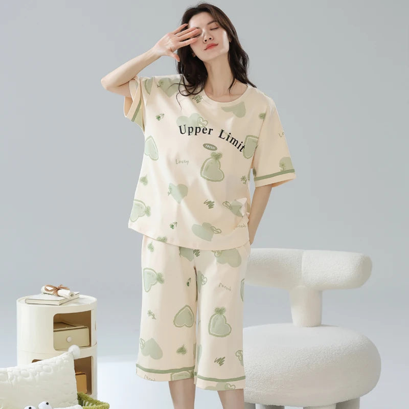 2-Pcs Women’s Summer Cotton Pajama Set – Short Sleeve Top & Calf-Length Pants with Cute Prints