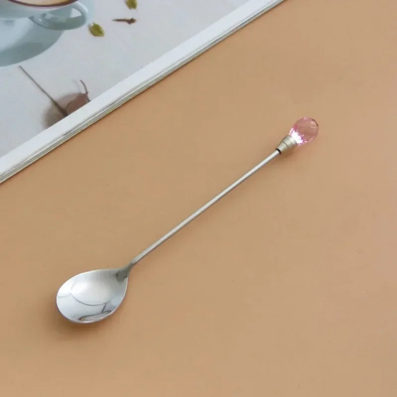 Stainless Steel Diamond Coffee Spoon and Fork Set Creative Crystal Long Handle, Perfect for Desserts, Ice Cream, Cake, and Fruit