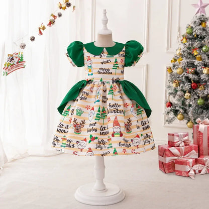 Girls Elegant Dresses Santa Claus Snowflake Print Child Christmas Costume Red Green Kids Princess Dress Party Evening Clothing