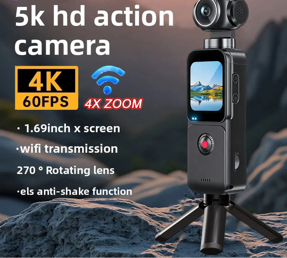 4K Pocket Action Camera 270° Auto Rotatable Stabilization Touch Screen Sports DV Bodycam 4X Zoom Portable Digital Video Recorder