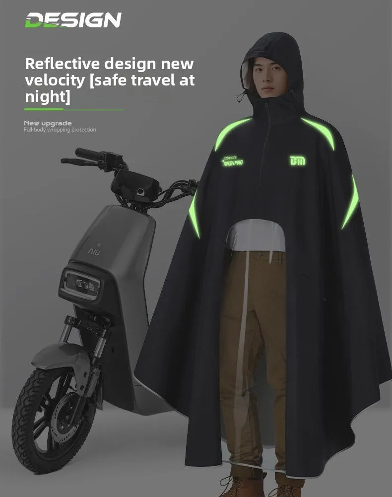 Full Body Waterproof Hooded Rain Poncho with Reflective Details for Motorcycle Riding
